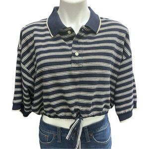90s Cotton Oversized Unique Cropped Drawstring Navy Striped Polo Collared Knit